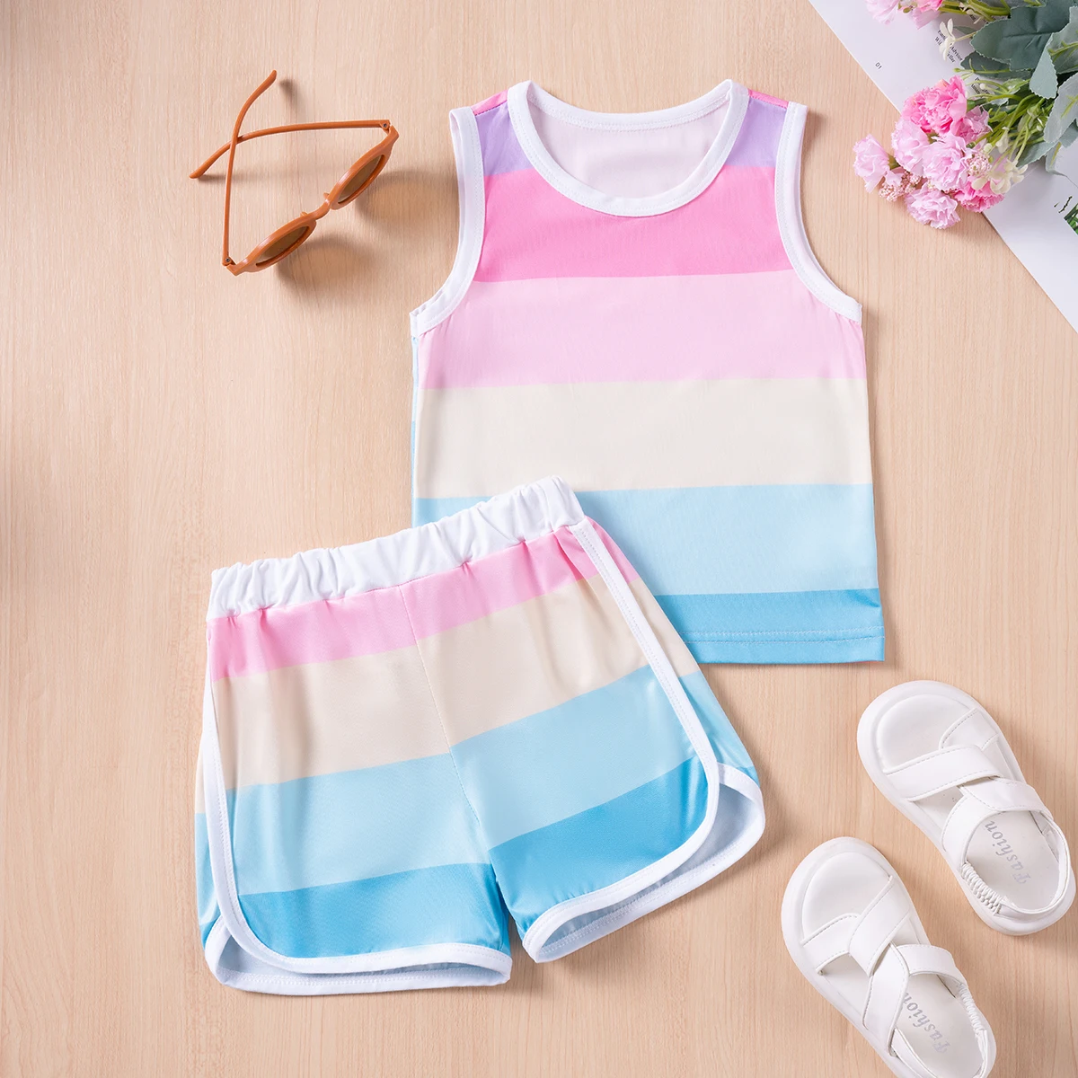 2pcs Summer Girl's Set Stripes Children's Clothes Striped Vest Fashion Rainbow Top + Shorts Elastic Waist Comfortable Breathable
2pcs Summer Girl's Set Stripes Children's Clothes Striped Vest Fashion Rainbow Top + Shorts Elastic Waist Comfortable Breathable