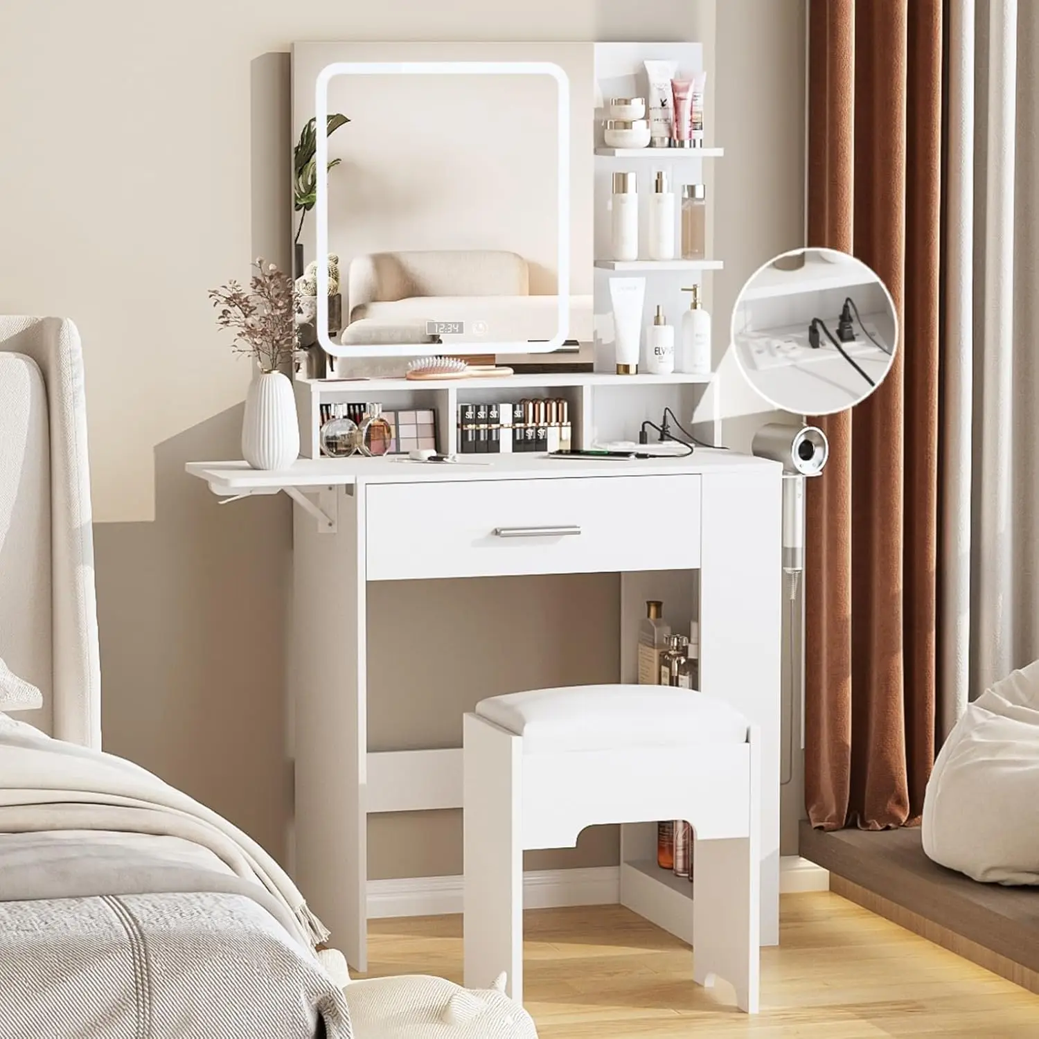 Vanity Desk with Mirror and Lights,Drawer & Lots Storage Shelves,Charging Station & Time Display,with Chair for Bedroom
Vanity Desk with Mirror and Lights,Drawer & Lots Storage Shelves,Charging Station & Time Display,with Chair for Bedroom