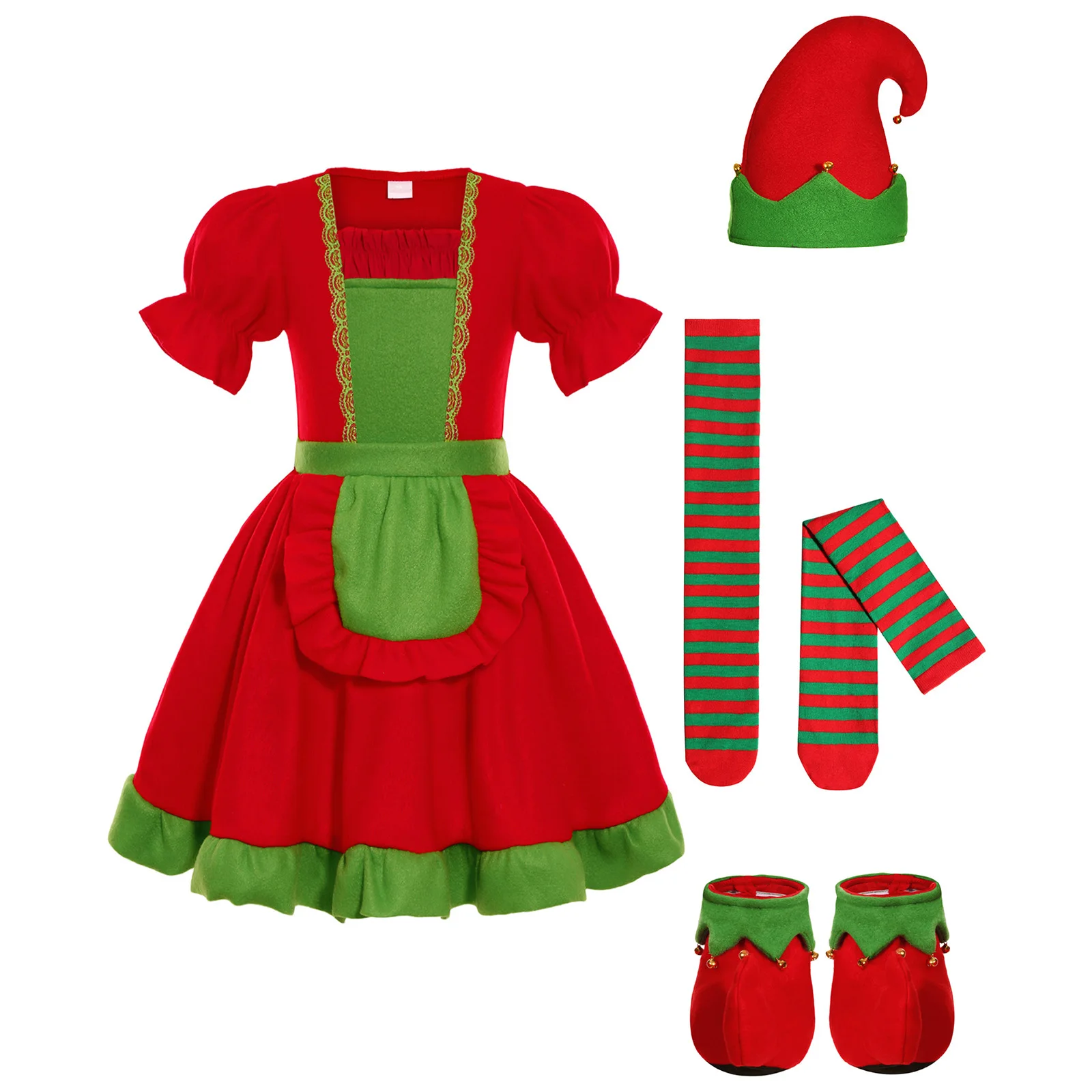 Christmas Elf Costume Girls Short Sleeve Ruffled Dress with Xmas Hat Socking Shoes New Year Party Santa Helper Elves Outfits
Christmas Elf Costume Girls Short Sleeve Ruffled Dress with Xmas Hat Socking Shoes New Year Party Santa Helper Elves Outfits