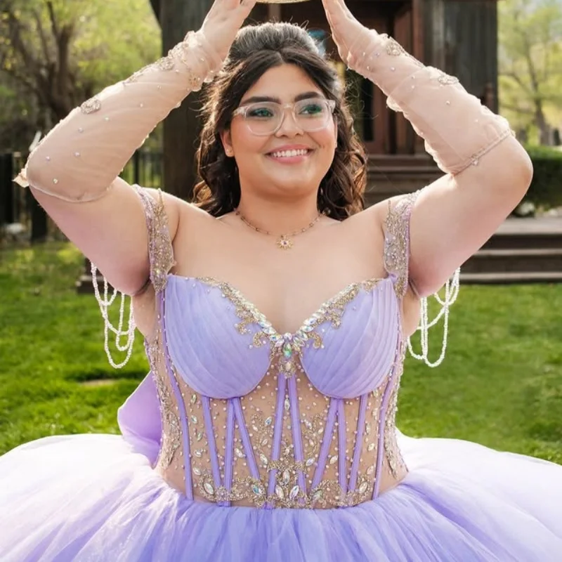 Customized Lavender Quinceanera Dresses Off the Shoulder Tull crystal sequin applique Lace Bow Vestido De 15 Quinceanera
Customized Lavender Quinceanera Dresses Off the Shoulder Tull crystal sequin applique Lace Bow Vestido De 15 Quinceanera