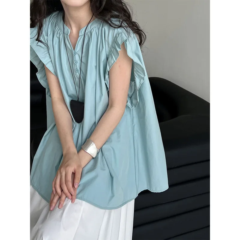 Korean Ruffles Sleeve Loose Blouse Women Summer New V-neck Button Pleated Short Sleeve Tops
Korean Ruffles Sleeve Loose Blouse Women Summer New V-neck Button Pleated Short Sleeve Tops