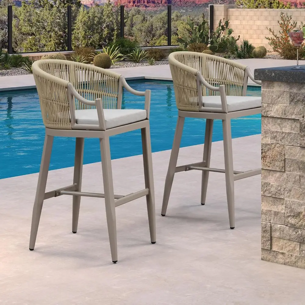 2-Piece Outdoor Wicker Bar Stools with Cushions, Metal Frame, Backs, and Armrests for Patio, Balcony, or Kitchen Island in Champ
2-Piece Outdoor Wicker Bar Stools with Cushions, Metal Frame, Backs, and Armrests for Patio, Balcony, or Kitchen Island in Champ