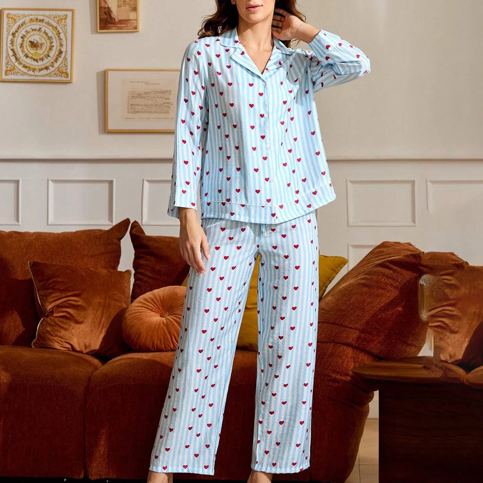 HEZIOWYUN Women's 2Piece Heart Print Striped Loungewear Pajamas Set Long Sleeve Lapel Neck Button Up Tops with Pants Sleepwear
HEZIOWYUN Women's 2Piece Heart Print Striped Loungewear Pajamas Set Long Sleeve Lapel Neck Button Up Tops with Pants Sleepwear