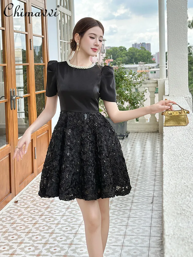 French Elegant Socialite Evening Short Dress Round Neck Puff Sleeves High Waist 3D Puff Black Party Dress for Women Summer 2026
French Elegant Socialite Evening Short Dress Round Neck Puff Sleeves High Waist 3D Puff Black Party Dress for Women Summer 2026