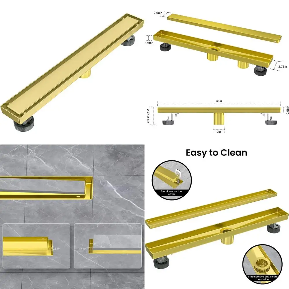 Stainless Steel 36 Inch Rectangle Shower Drain with Hair Catcher and Reversible Cover for Tile Insert in Brushed Gold Finish
Stainless Steel 36 Inch Rectangle Shower Drain with Hair Catcher and Reversible Cover for Tile Insert in Brushed Gold Finish