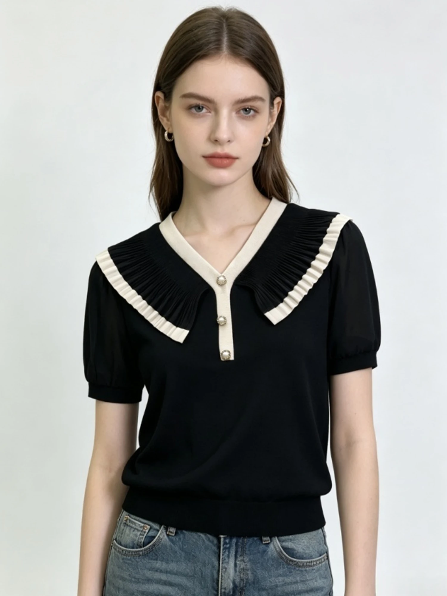 Women Black T-shirt Thin Ice Silk Knit Short Sleeve Tee Top Y2K Gyaru Vintage Korean Style V-Neck T-shirt for Women Summer 2026
Women Black T-shirt Thin Ice Silk Knit Short Sleeve Tee Top Y2K Gyaru Vintage Korean Style V-Neck T-shirt for Women Summer 2026