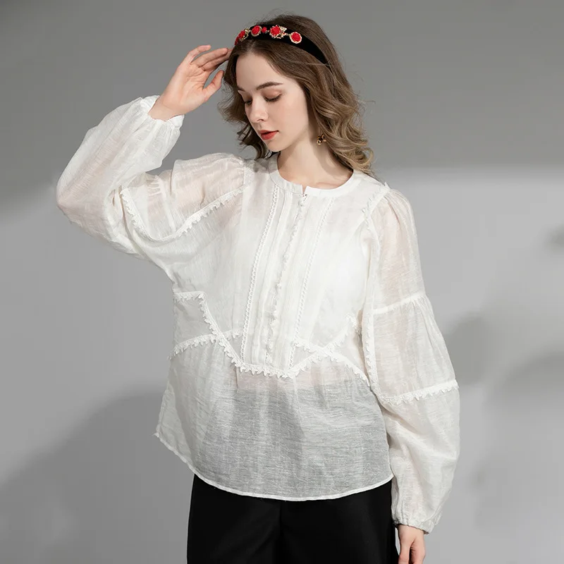 Spring/Summer Women's O-Neck Silk Linen Jacquard Striped Embroidery O-Neck Lantern Sleeves Spliced Lace Loose Top M-XXL
Spring/Summer Women's O-Neck Silk Linen Jacquard Striped Embroidery O-Neck Lantern Sleeves Spliced Lace Loose Top M-XXL