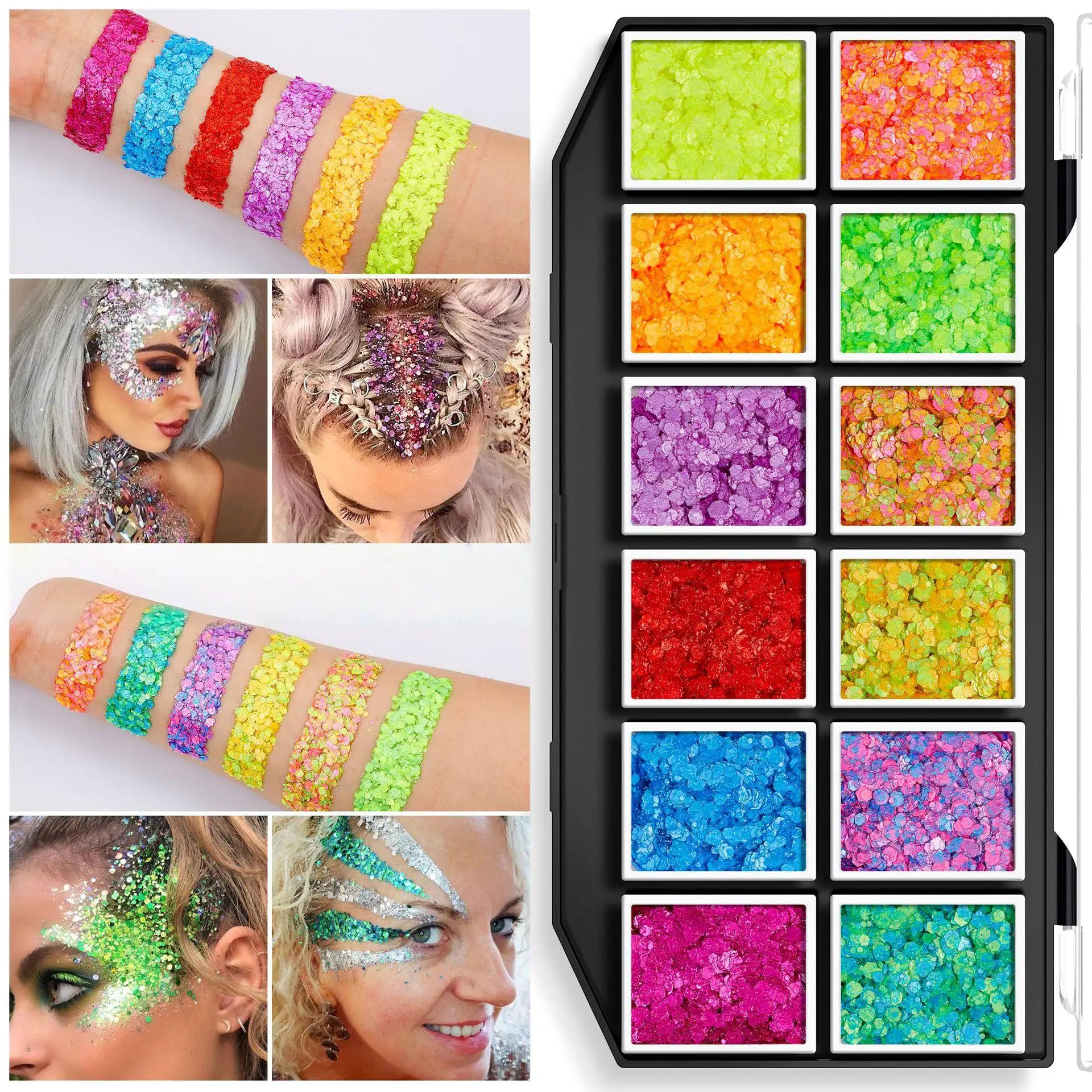 Палитра глиттеров для лица с 12 цветами, светящимися в УФ-свете, голографическими блестками и гелем для детского сценического макияжа
Палитра глиттеров для лица с 12 цветами, светящимися в УФ-свете, голографическими блестками и гелем для детского сценического макияжа