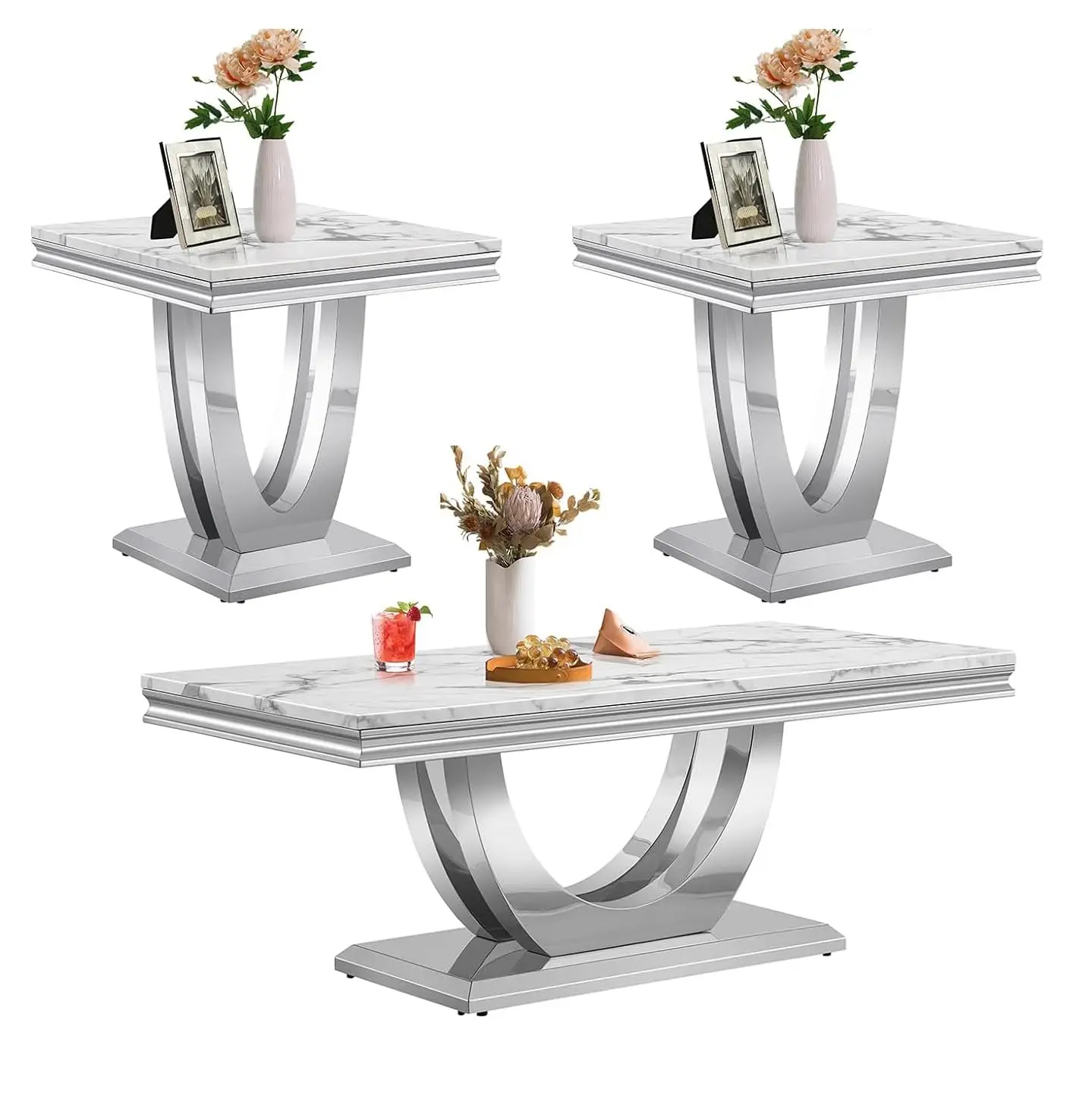 3 Piece Living Room Table Set of 3, Modern Faux Marble Coffee Table & 2 End Tables Set, White Silver Coffee Table, Customized
3 Piece Living Room Table Set of 3, Modern Faux Marble Coffee Table & 2 End Tables Set, White Silver Coffee Table, Customized