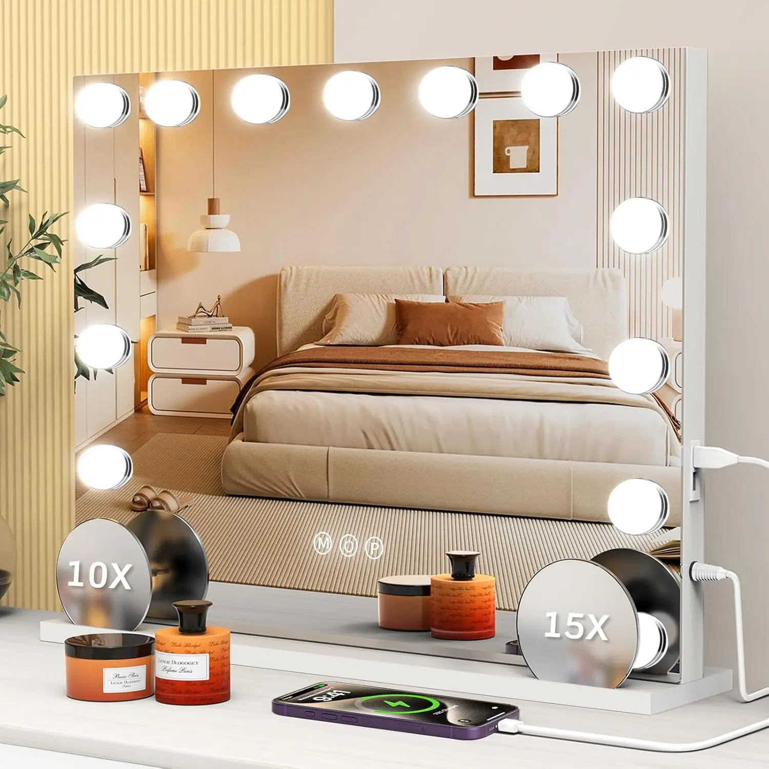23x18 Inch Hollywood Vanity Mirror with Lights, 10X/15X Magnification, Dimmable LEDs, USB/Type-C Charger, Tabletop & Wall Mount
23x18 Inch Hollywood Vanity Mirror with Lights, 10X/15X Magnification, Dimmable LEDs, USB/Type-C Charger, Tabletop & Wall Mount