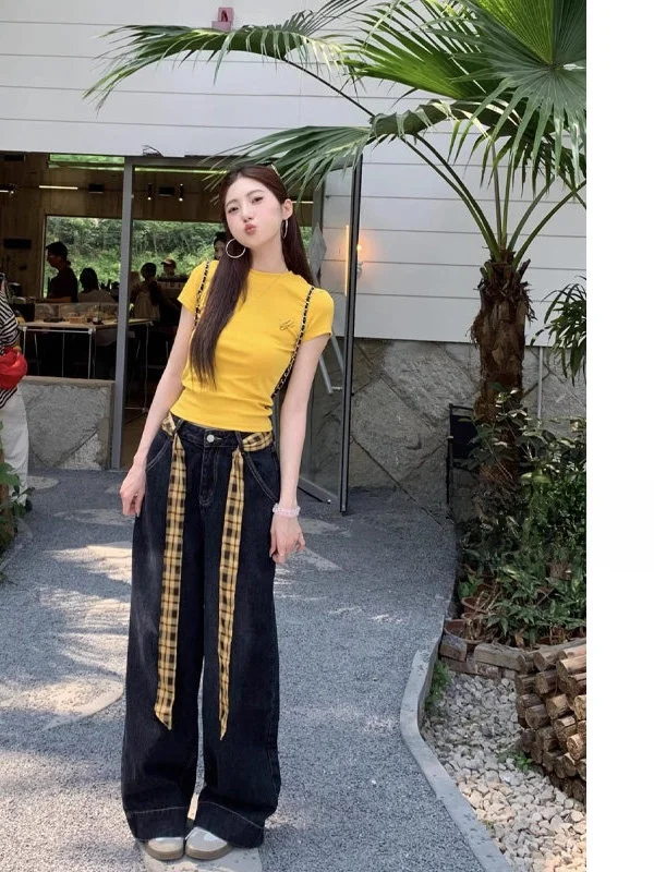 High Waist Straight Leg Denim Pants Women's Summer Loose Floor-Length Plaid Patchwork Vintage American Style Jeans
High Waist Straight Leg Denim Pants Women's Summer Loose Floor-Length Plaid Patchwork Vintage American Style Jeans