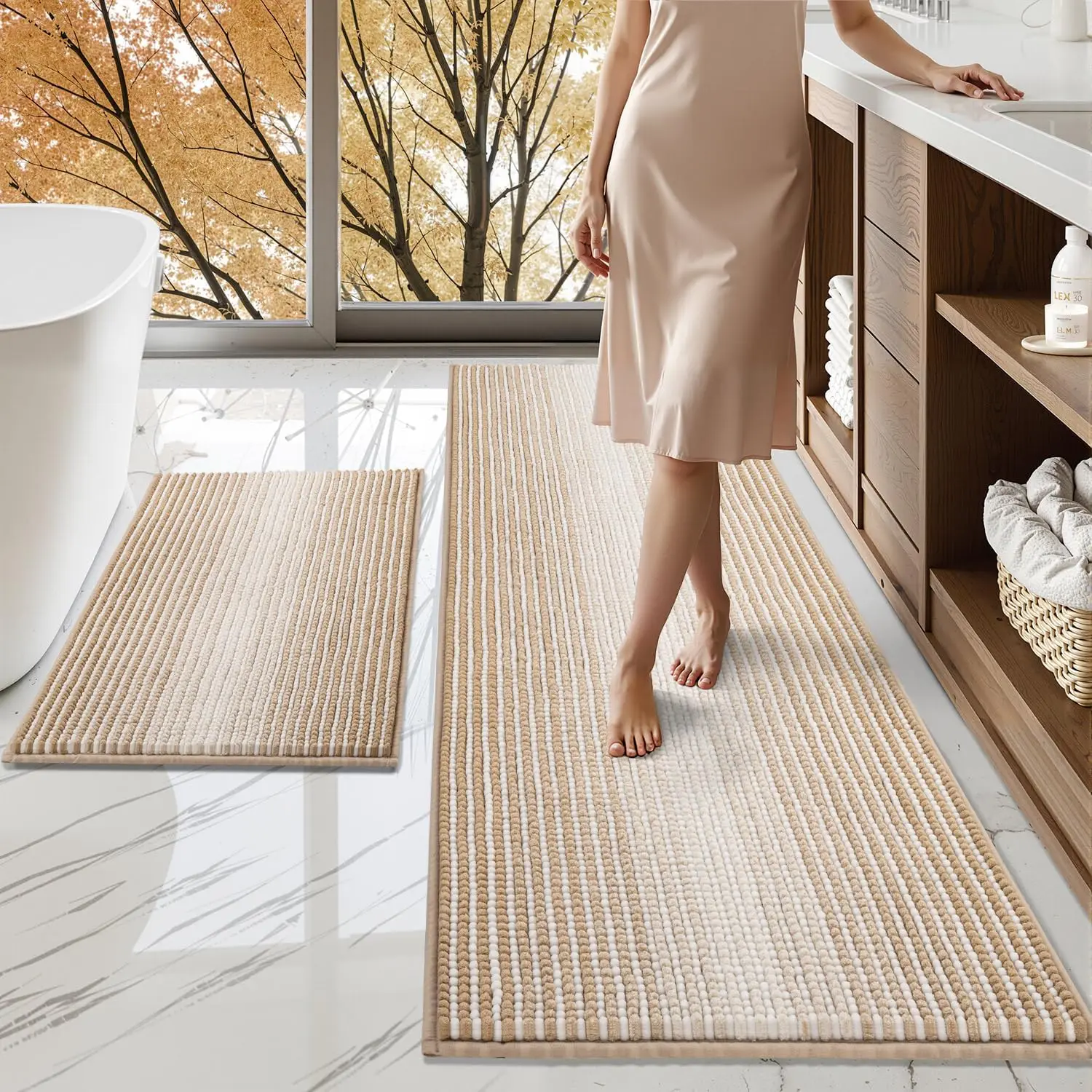 2 Piece Chenille Bath Mat Set, 24x70 and 20x32, Absorbent Non Slip Shaggy Bathroom Rugs, Machine Washable, Beige
2 Piece Chenille Bath Mat Set, 24x70 and 20x32, Absorbent Non Slip Shaggy Bathroom Rugs, Machine Washable, Beige