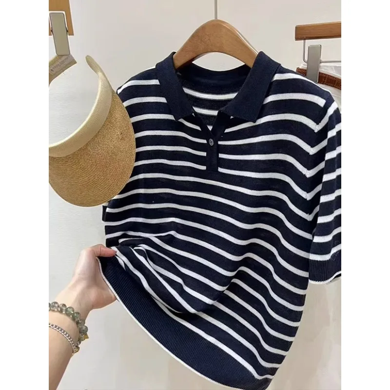 Style POLO collar striped cotton thread knitted short sleeve women's summer ice silk T-shirt base top
Style POLO collar striped cotton thread knitted short sleeve women's summer ice silk T-shirt base top