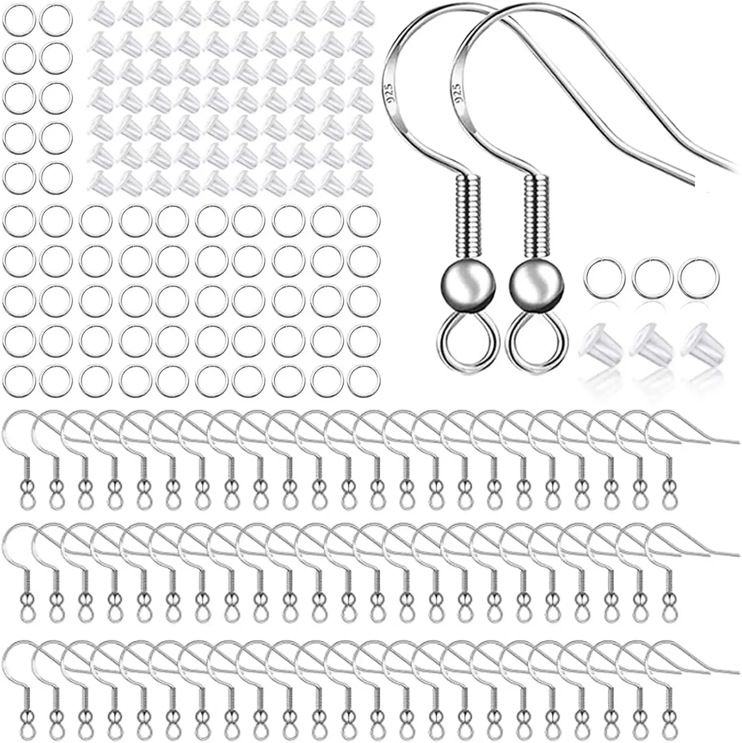 150 Pairs Earring Hooks Kit with Jump Rings & Silicone Backs, Hypoallergenic Silver Plated Copper, 500pcs
150 Pairs Earring Hooks Kit with Jump Rings & Silicone Backs, Hypoallergenic Silver Plated Copper, 500pcs
