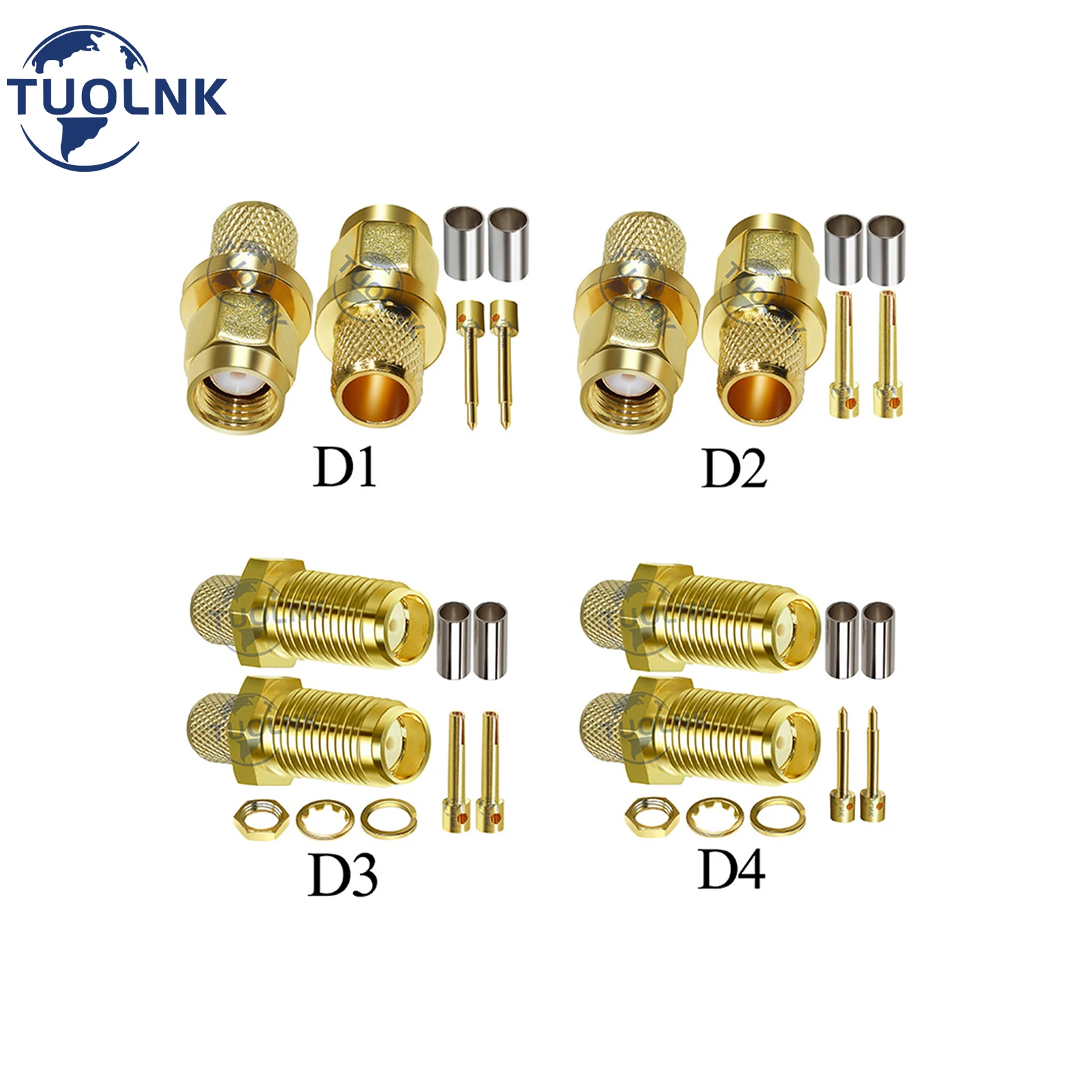 SMA Crimp Gold Plating RF Connector Reverse Polarity SMA Male Straight Connector for RG5 RG6 5D-FB LMR300 Coaxial Cable
SMA Crimp Gold Plating RF Connector Reverse Polarity SMA Male Straight Connector for RG5 RG6 5D-FB LMR300 Coaxial Cable
