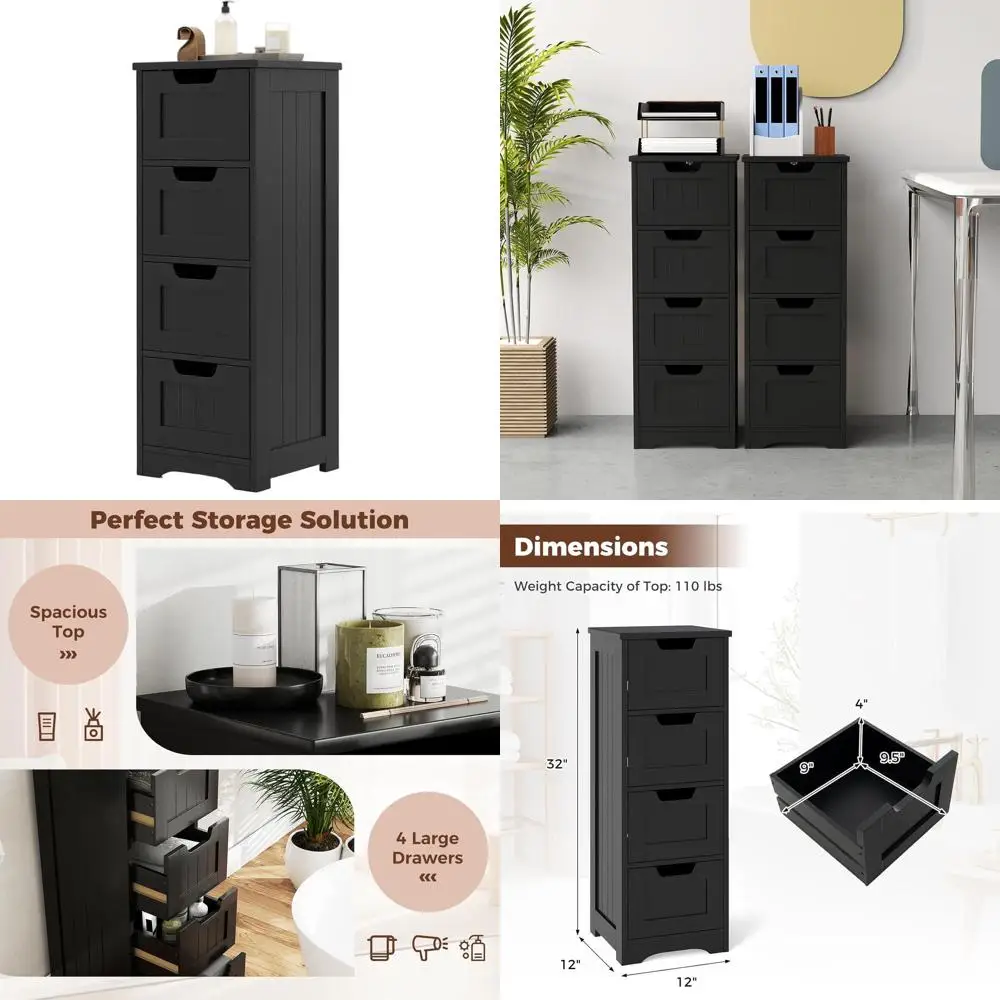 Отдельно стоящий деревянный шкаф для хранения вещей с 4 ящиками для ванной комнаты, прикроватной зоны, гостиной и других помещений, черный цвет
Отдельно стоящий деревянный шкаф для хранения вещей с 4 ящиками для ванной комнаты, прикроватной зоны, гостиной и других помещений, черный цвет