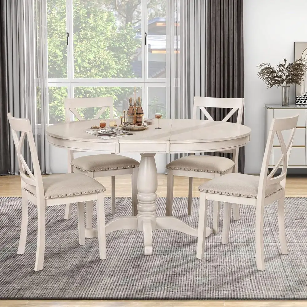 4-Piece Antique White Dining Set with Round Table and Chairs for Kitchen or Breakfast Nook
4-Piece Antique White Dining Set with Round Table and Chairs for Kitchen or Breakfast Nook