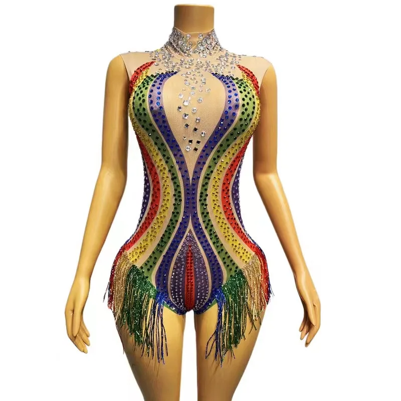 Colorful Rhinestones Tassel Bodysuit Sexy Transparent Stage Performance Sleeveless Leotard Latin Pole Dance Costume
Colorful Rhinestones Tassel Bodysuit Sexy Transparent Stage Performance Sleeveless Leotard Latin Pole Dance Costume