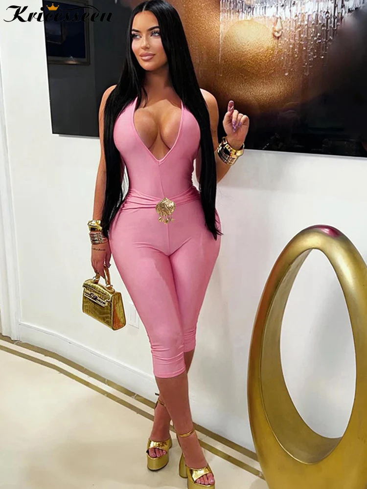 Kricesseen Sexy Pink Halter Jumpsuit Women Elegant Deep V-Neck Backless Bodycon Rompers With Metal Accessory Party Clubwear
Kricesseen Sexy Pink Halter Jumpsuit Women Elegant Deep V-Neck Backless Bodycon Rompers With Metal Accessory Party Clubwear