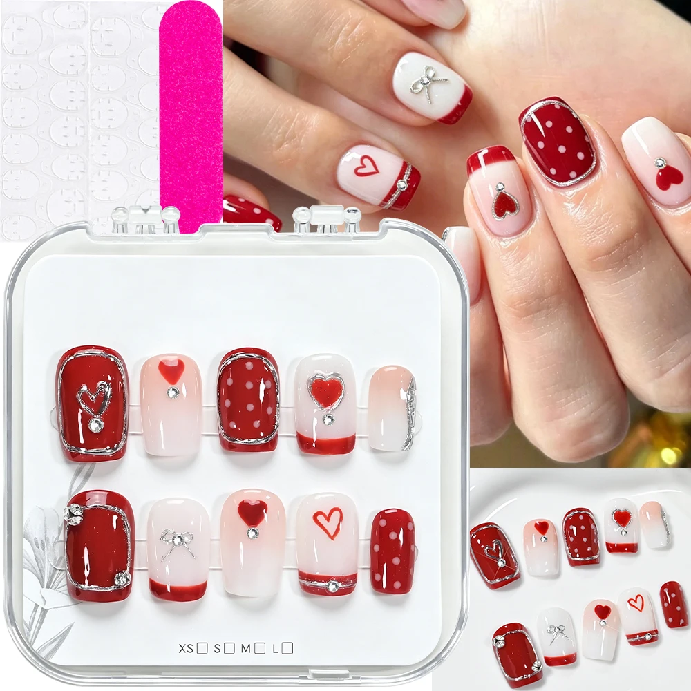 10Pcs S-Size Red Short Square Heart Fake Nails 3D Metallic Silver Circle Bow Cute Love False Nails Glossy Acrylic Press on Nails
10Pcs S-Size Red Short Square Heart Fake Nails 3D Metallic Silver Circle Bow Cute Love False Nails Glossy Acrylic Press on Nails