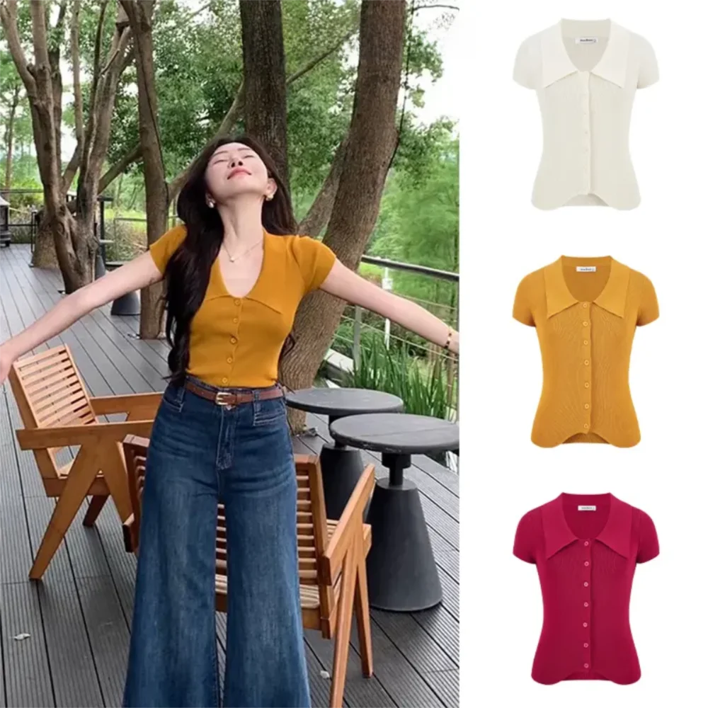 New Slim Fit Knitted Short Sleeve V-Neck Turndown Collar Cardigan Solid Color Casual Top Women
New Slim Fit Knitted Short Sleeve V-Neck Turndown Collar Cardigan Solid Color Casual Top Women