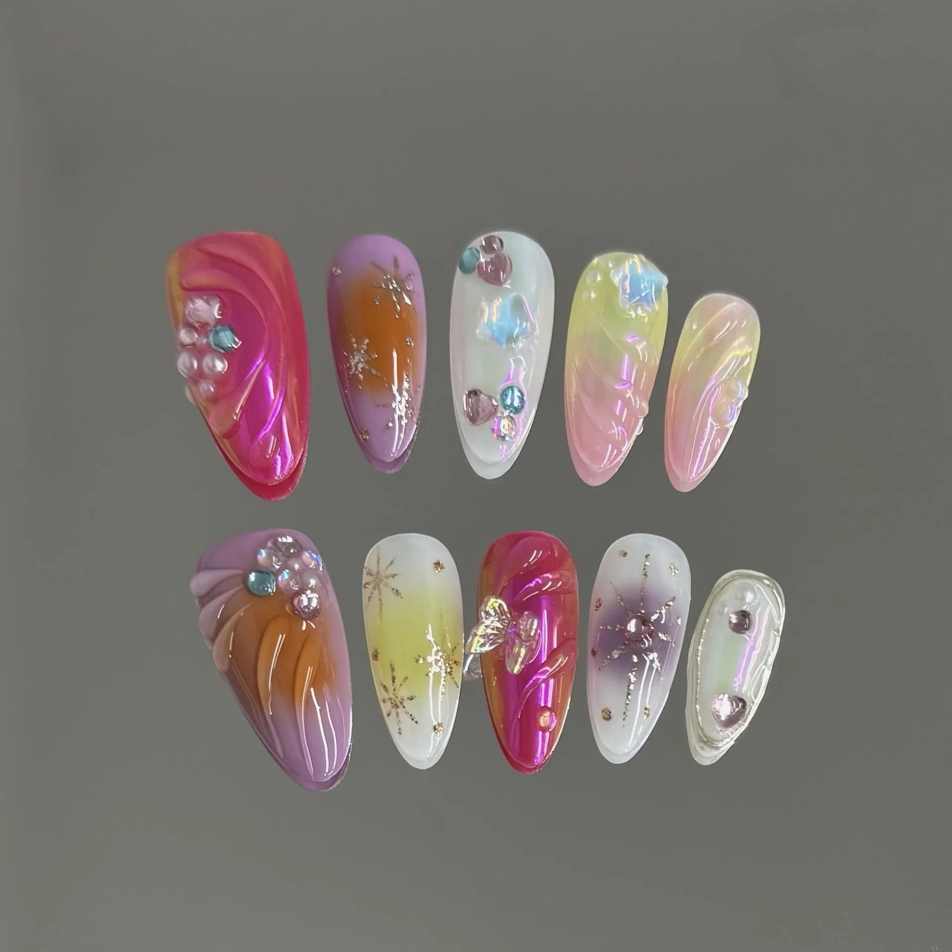 10Pcs Beauty Handmade Fake Nails Set Full Cover 3D Color Butterfly Stars Designs Wave Pattern Nails Removable Nail Patch Summer
10Pcs Beauty Handmade Fake Nails Set Full Cover 3D Color Butterfly Stars Designs Wave Pattern Nails Removable Nail Patch Summer