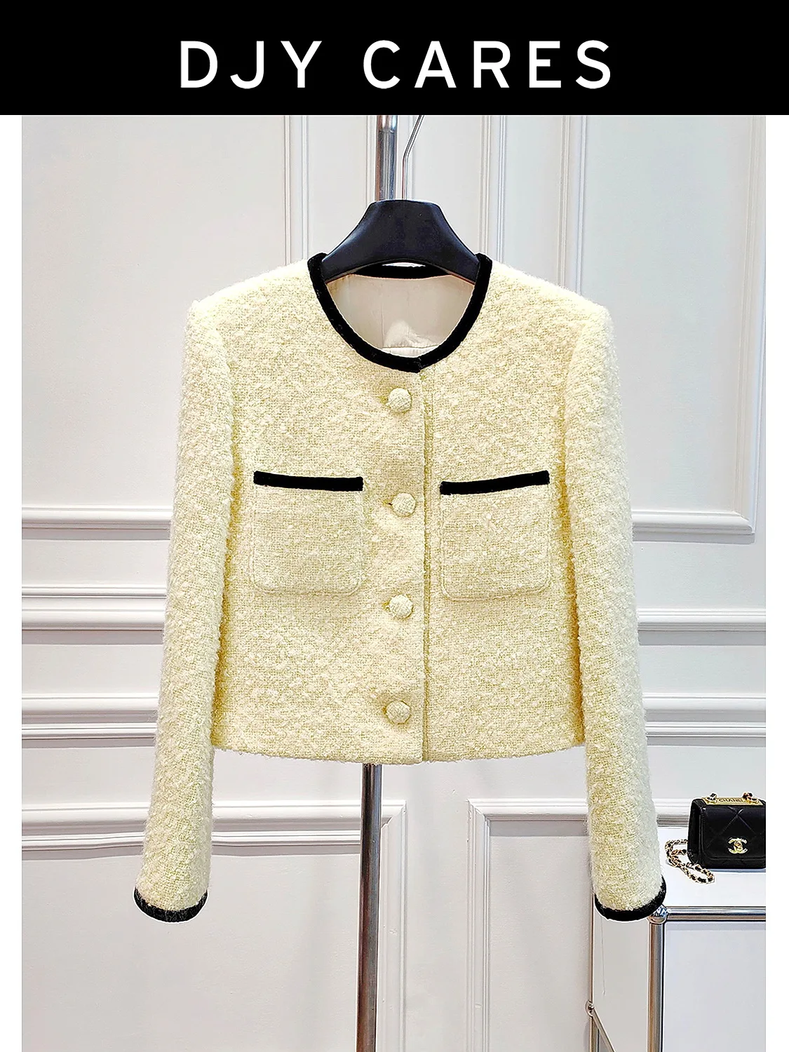 New Coarse woolen classic short yellow round neck jacket with temperament top big size
New Coarse woolen classic short yellow round neck jacket with temperament top big size