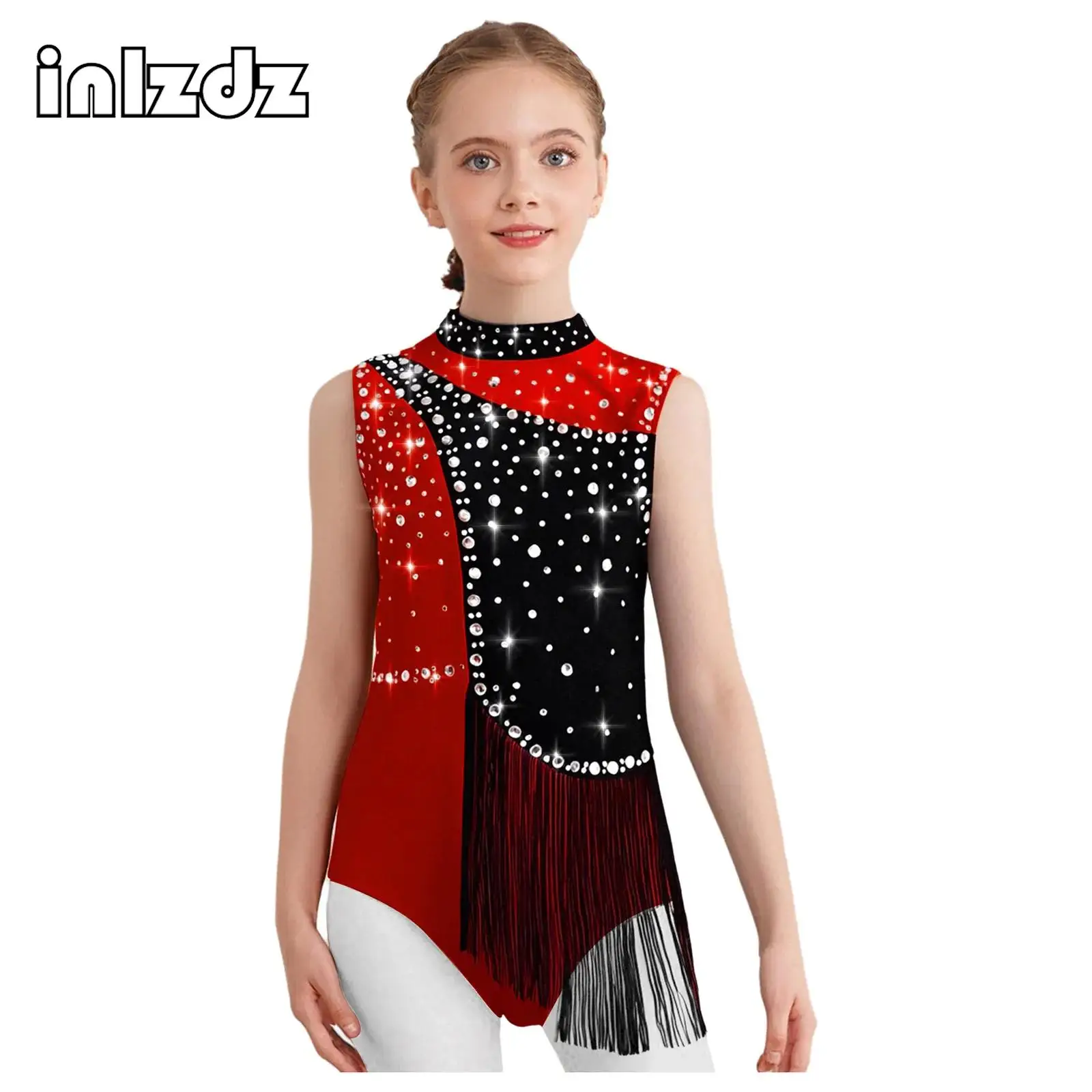 Kids Girls Gymnastics Leotard Mock Neck Sleeveless Keyhole Back Shiny Rhinestones Tassels Bodysuit for Dance Figure Skating Show
Kids Girls Gymnastics Leotard Mock Neck Sleeveless Keyhole Back Shiny Rhinestones Tassels Bodysuit for Dance Figure Skating Show