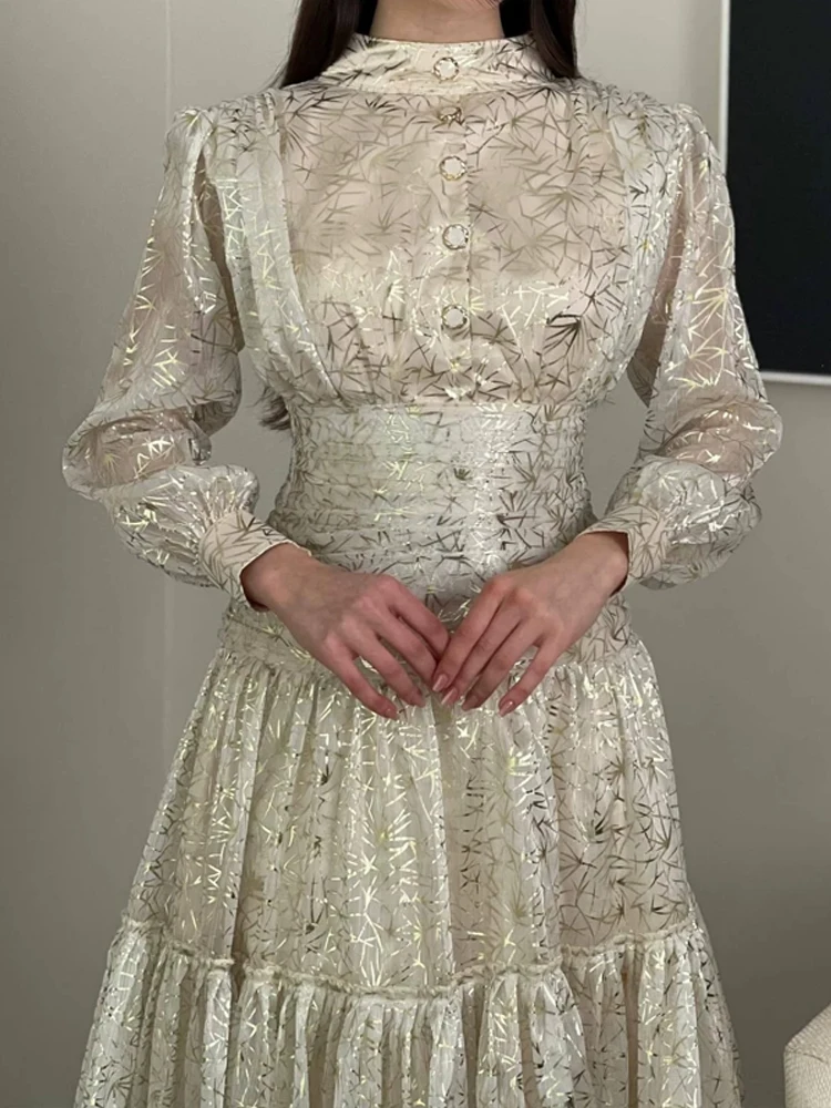 Elegant Stamping Print Cocktail Dress Fashion Standing Collar Ruffled Hem Gowns Women Casual Long Sleeve Waist Draped Long Dress
Elegant Stamping Print Cocktail Dress Fashion Standing Collar Ruffled Hem Gowns Women Casual Long Sleeve Waist Draped Long Dress