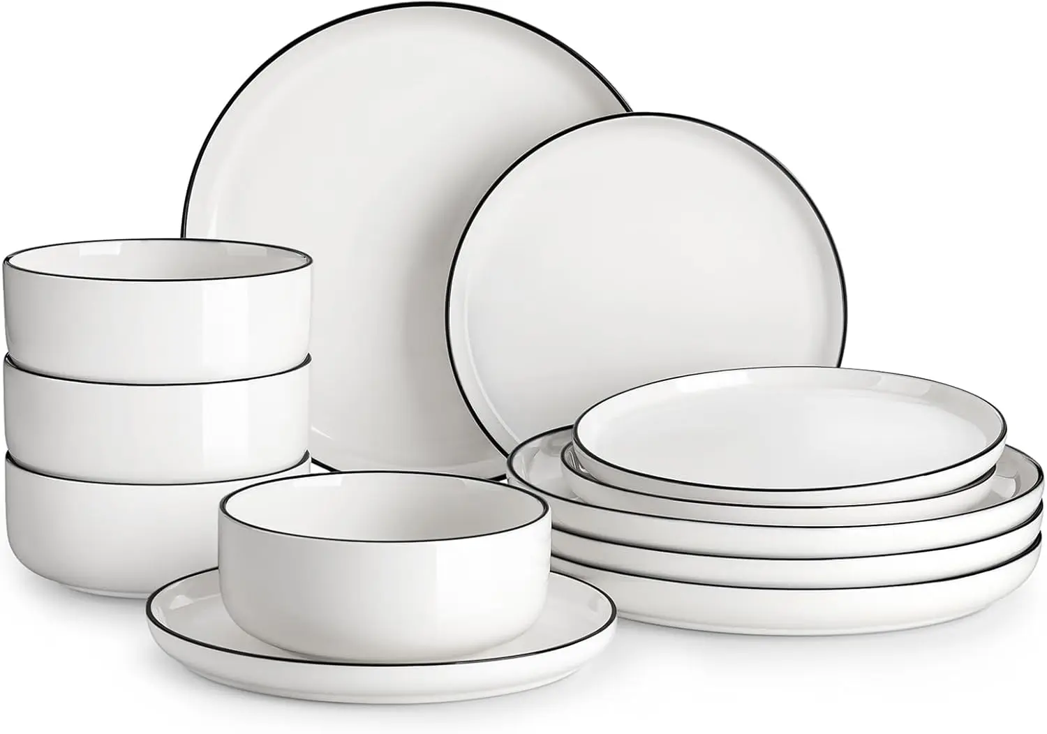 12-Piece Modern Porcelain Dinnerware Set for 4, White with Black Rim, Microwave & Dishwasher Safe
12-Piece Modern Porcelain Dinnerware Set for 4, White with Black Rim, Microwave & Dishwasher Safe