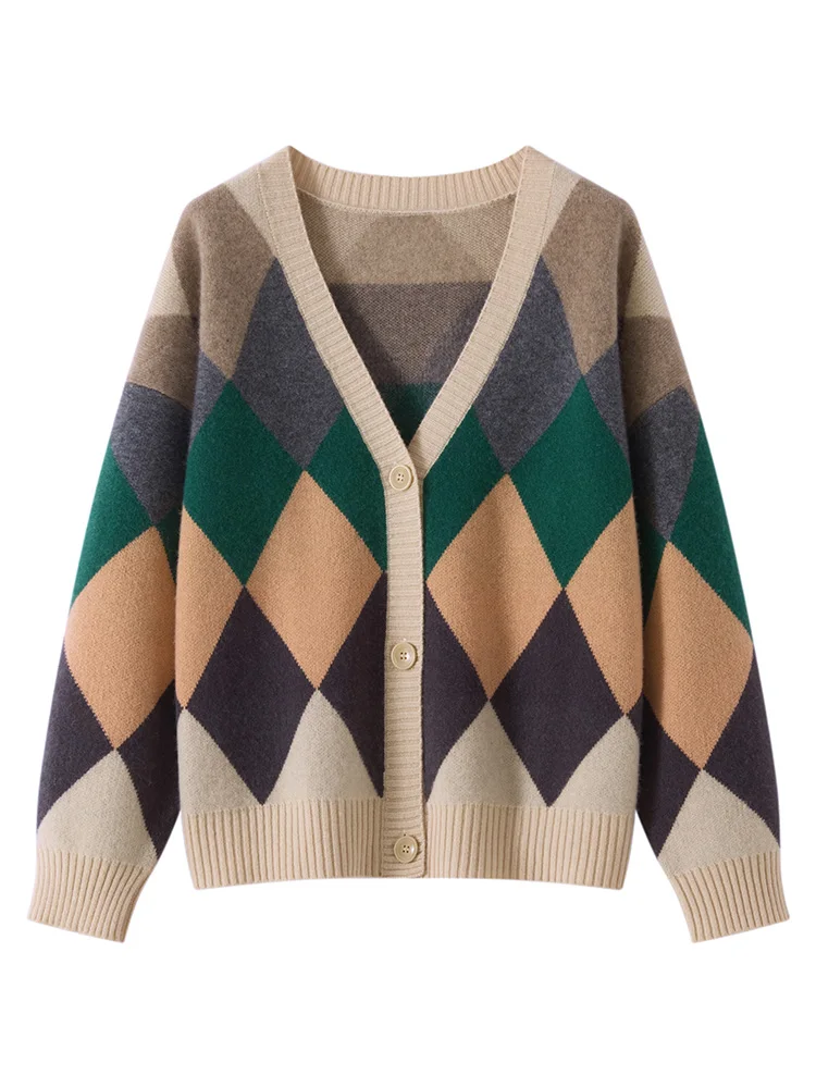 Women's V-neck Cardigan Argyle Design Knit 100% Cashmere Sweater Preppy Style Long Sleeve Cardigan Autumn Winter Thick Clothes
Women's V-neck Cardigan Argyle Design Knit 100% Cashmere Sweater Preppy Style Long Sleeve Cardigan Autumn Winter Thick Clothes