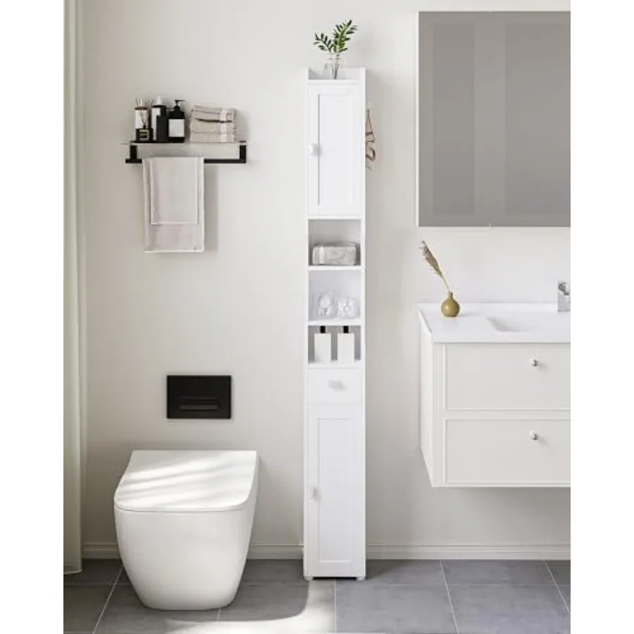 Narrow Tall Bathroom Storage Cabinet with 2 Doors 1 Drawer Adjustable Shelf and Hook for Small Spaces White Freestanding Floor
Narrow Tall Bathroom Storage Cabinet with 2 Doors 1 Drawer Adjustable Shelf and Hook for Small Spaces White Freestanding Floor