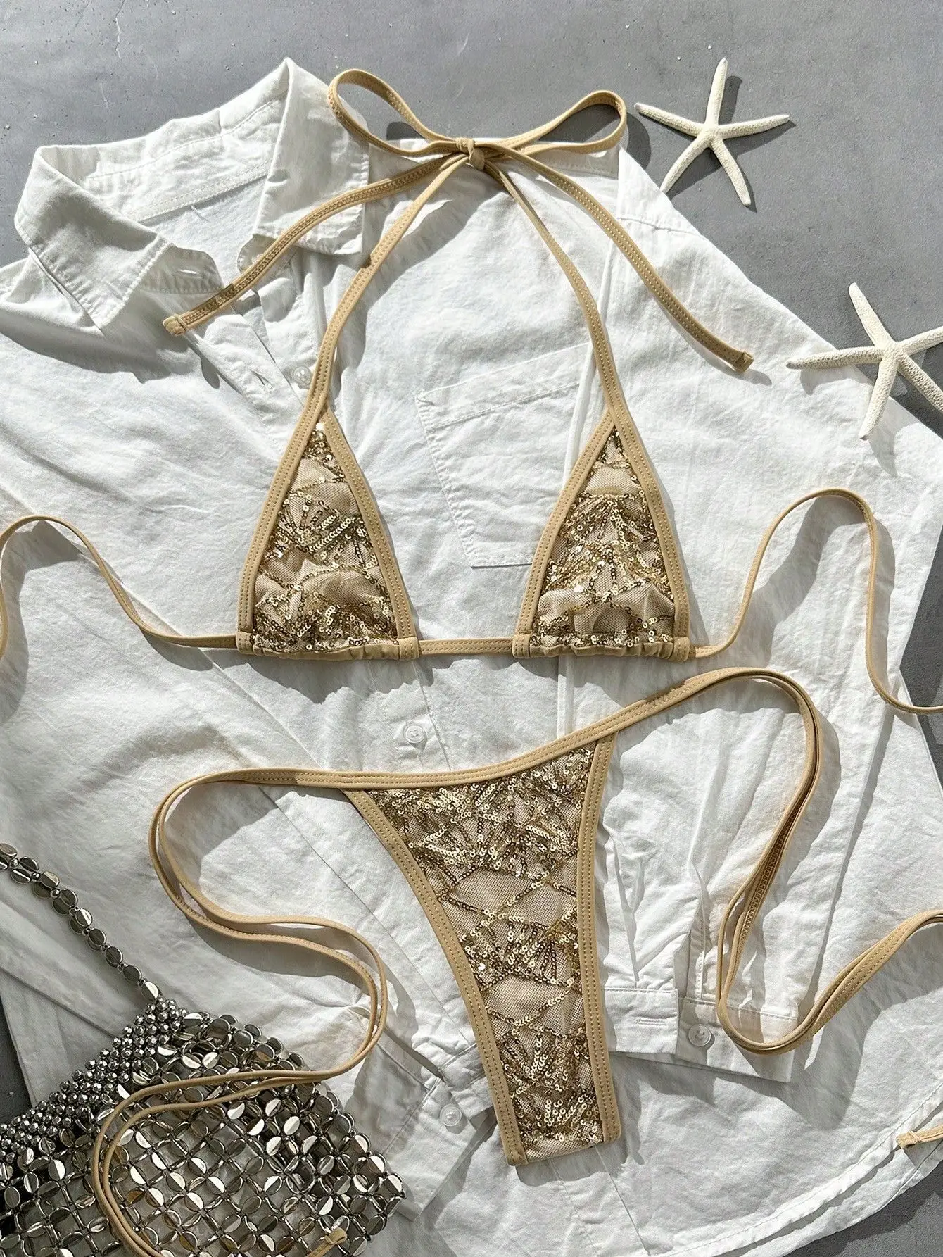 Shiny Sequins Halter Hollow Out Bikini Female Thong Swimwear Women Swimsuit Two-pieces Bikini Set Push Up Bra Thong Swimsuit
Shiny Sequins Halter Hollow Out Bikini Female Thong Swimwear Women Swimsuit Two-pieces Bikini Set Push Up Bra Thong Swimsuit