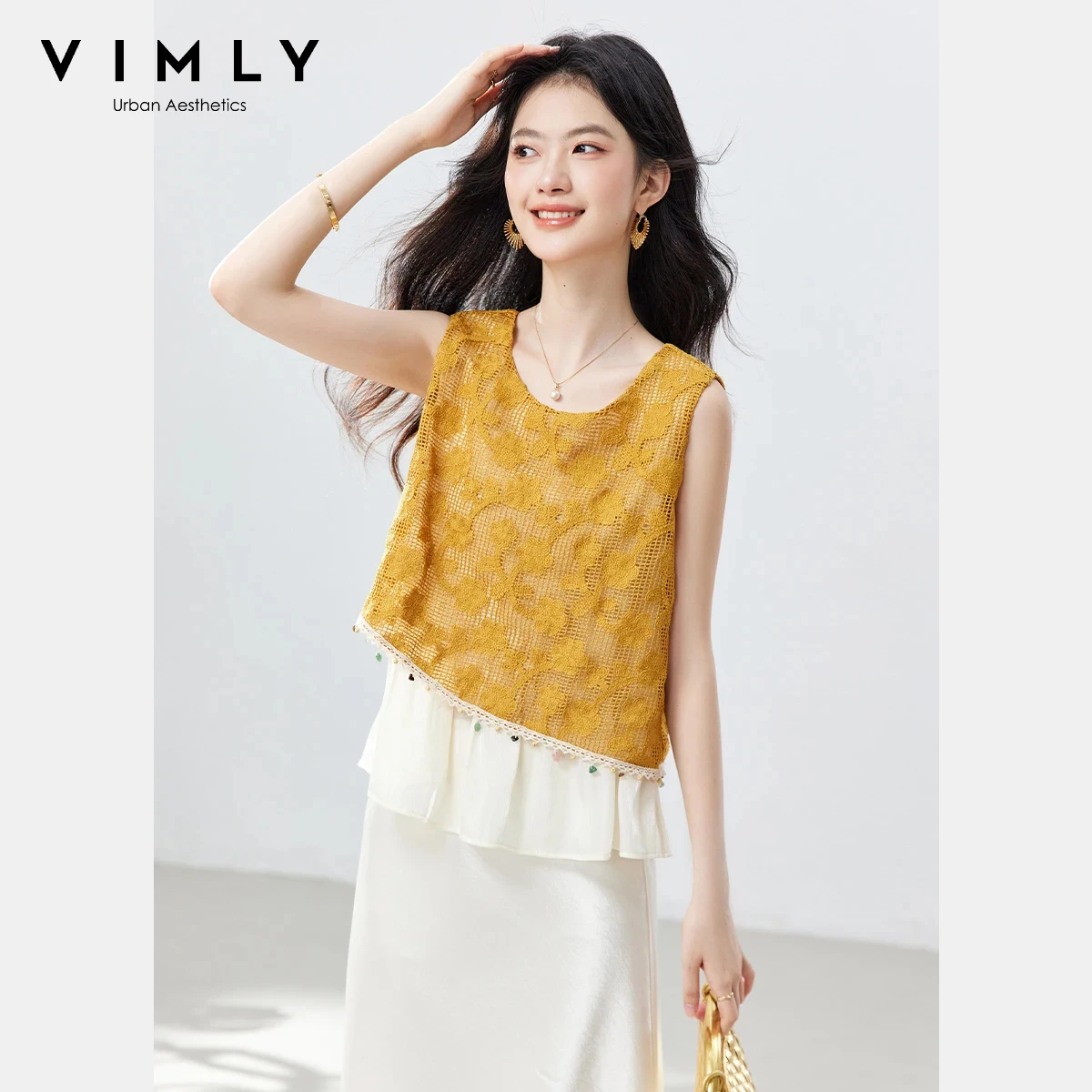 VIMLY Faux Layered Color Block Shirt Women 2026 Summer New French Asymmetrical Beaded Ribbon Lace Patch Sleeveless Blouse A6291
VIMLY Faux Layered Color Block Shirt Women 2026 Summer New French Asymmetrical Beaded Ribbon Lace Patch Sleeveless Blouse A6291