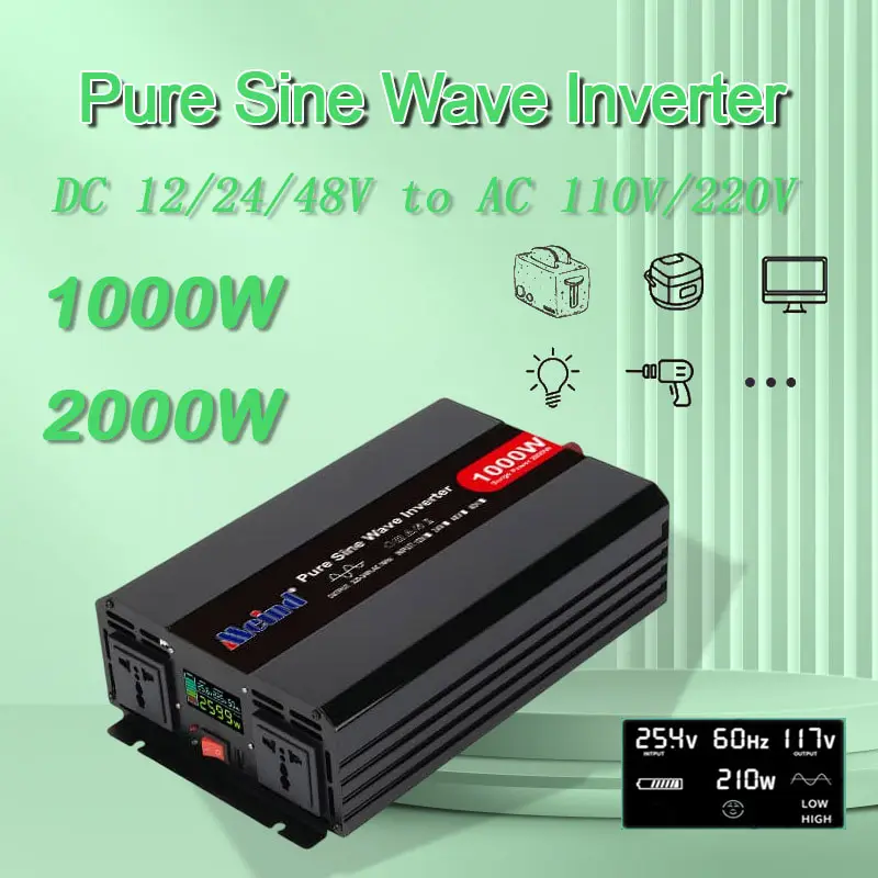 High Quality Pure Sine Wave DC 12V/24V to AC 110V/220V 1000W Peak 2000 Watt Power Inverter with LCD Display
High Quality Pure Sine Wave DC 12V/24V to AC 110V/220V 1000W Peak 2000 Watt Power Inverter with LCD Display