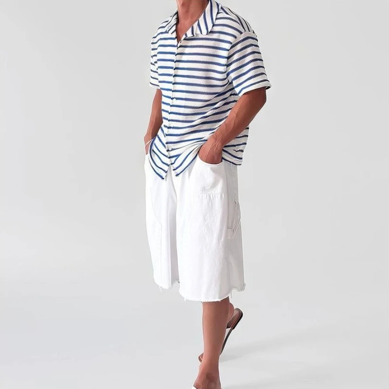 Men's Blue Stripe Short Sleeve Casual Shirt Summer Korean Style Thin Lapel Loose Drape Top Breathable Comfortable Fashion
Men's Blue Stripe Short Sleeve Casual Shirt Summer Korean Style Thin Lapel Loose Drape Top Breathable Comfortable Fashion