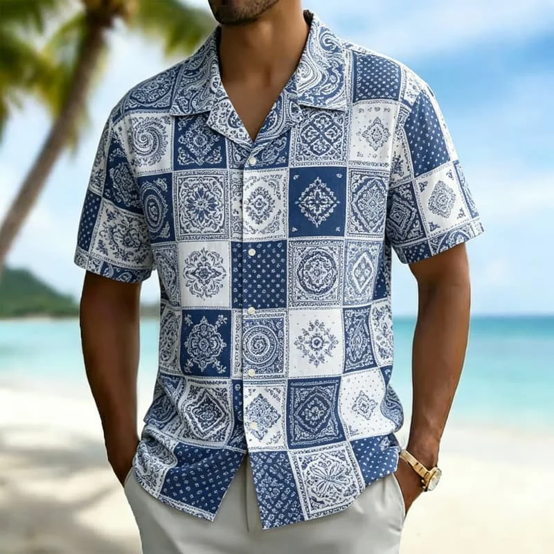 Men's Patchwork Handkerchief Printed Hawaiian shirt, Suitable For Beach vacations, Holiday outings, And Daily Wear
Men's Patchwork Handkerchief Printed Hawaiian shirt, Suitable For Beach vacations, Holiday outings, And Daily Wear