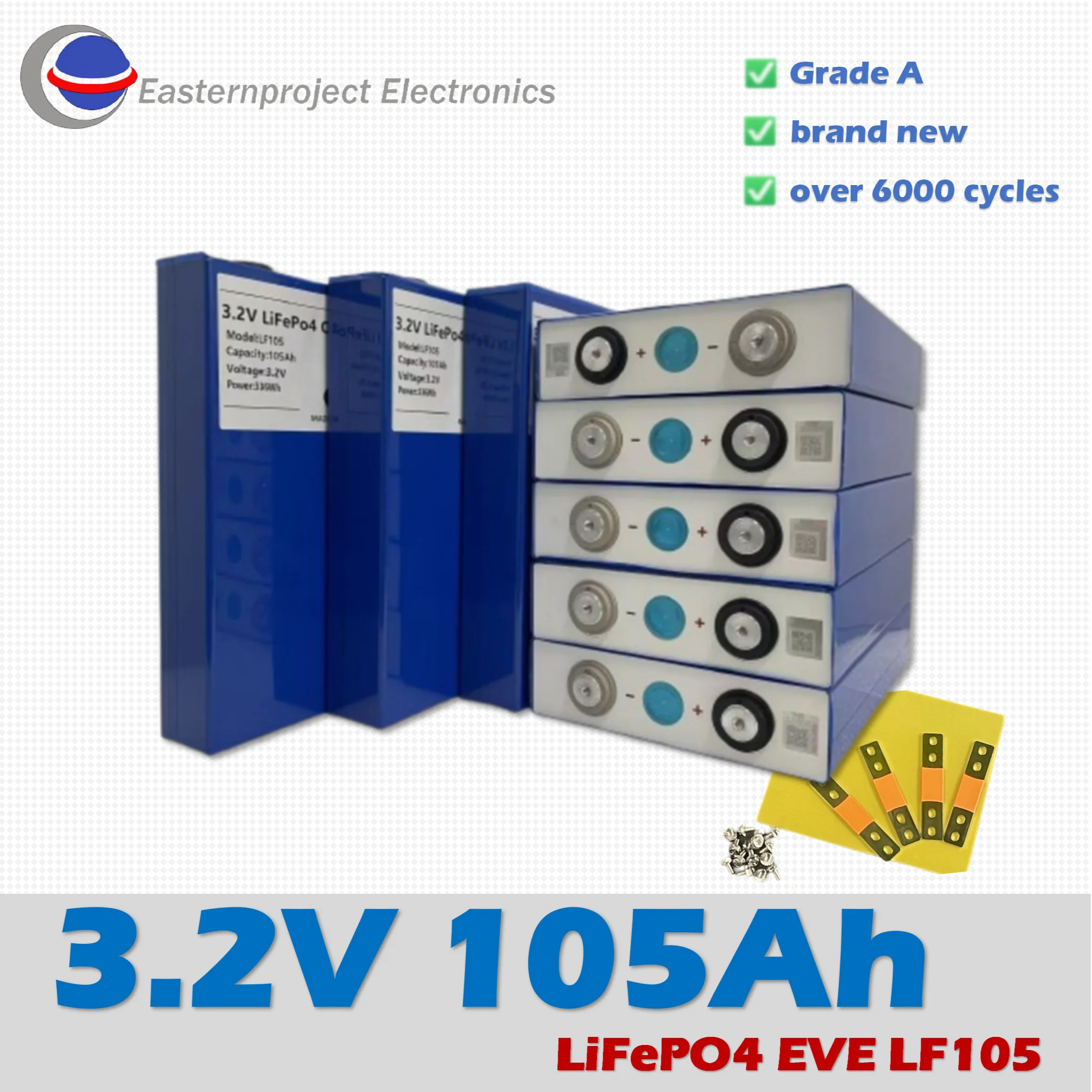 LiFePO4 3.2V 105AH Grade A Branded new battery cell for DIY 12V 24V is suitable for golf cart and boat solar system
LiFePO4 3.2V 105AH Grade A Branded new battery cell for DIY 12V 24V is suitable for golf cart and boat solar system