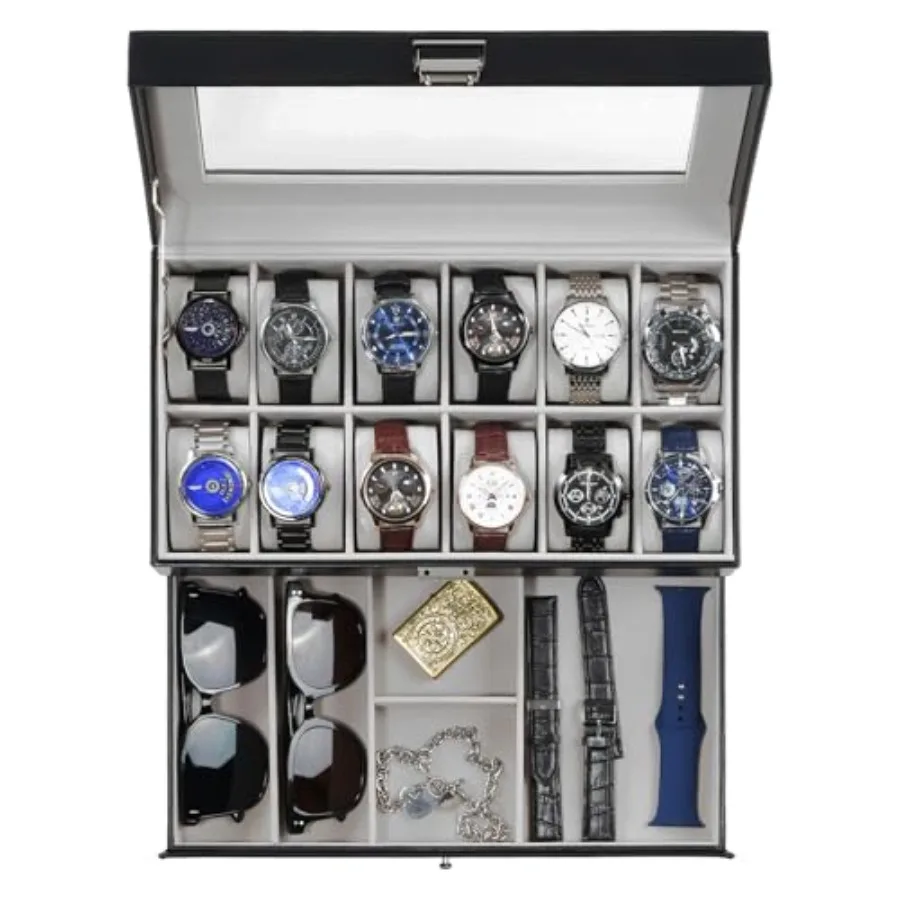 Watch Box, 12 Slot Mens Watch Case With Drawer, 2-Layer Watch Display Case With Glass Lid, Mens Jewelry Box Storage Holder Orga
Watch Box, 12 Slot Mens Watch Case With Drawer, 2-Layer Watch Display Case With Glass Lid, Mens Jewelry Box Storage Holder Orga