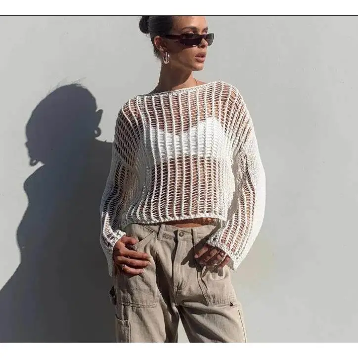 Fashionable Short Hollow out Knitted Sweater Cover up Women's Loose Fit Long Sleeve round Neck Color Autumn Wear
Fashionable Short Hollow out Knitted Sweater Cover up Women's Loose Fit Long Sleeve round Neck Color Autumn Wear