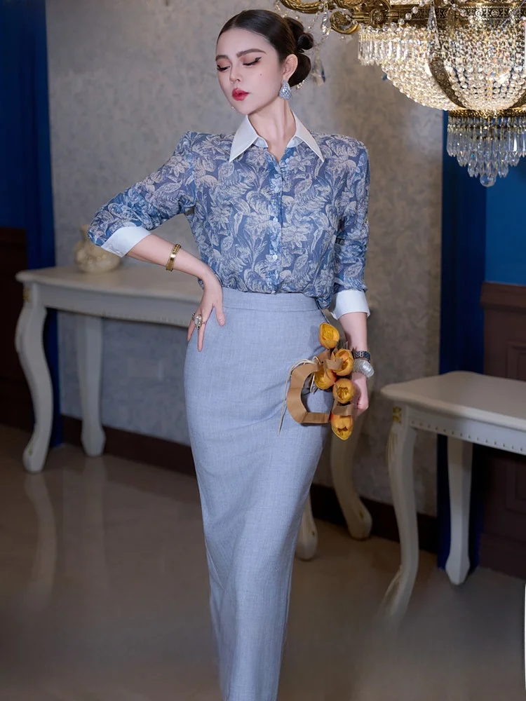 Philosophy And Romance Blue Print Shirt Women's Spring Design Fashionable Turn-down Collar Elegant Maturity OL Top
Philosophy And Romance Blue Print Shirt Women's Spring Design Fashionable Turn-down Collar Elegant Maturity OL Top