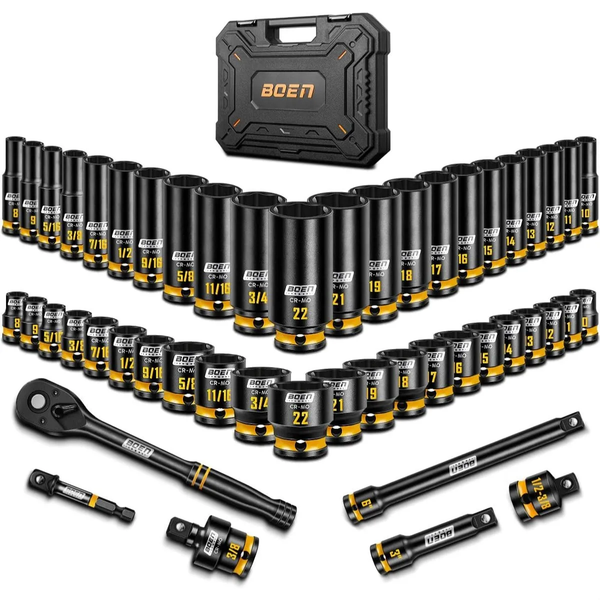 3/8" Drive Impact Socket Set, 50PCS Standard SAE & Metric Deep Shallow Sockets, CR-MO High Torque with Clear Embossed Markings
3/8" Drive Impact Socket Set, 50PCS Standard SAE & Metric Deep Shallow Sockets, CR-MO High Torque with Clear Embossed Markings