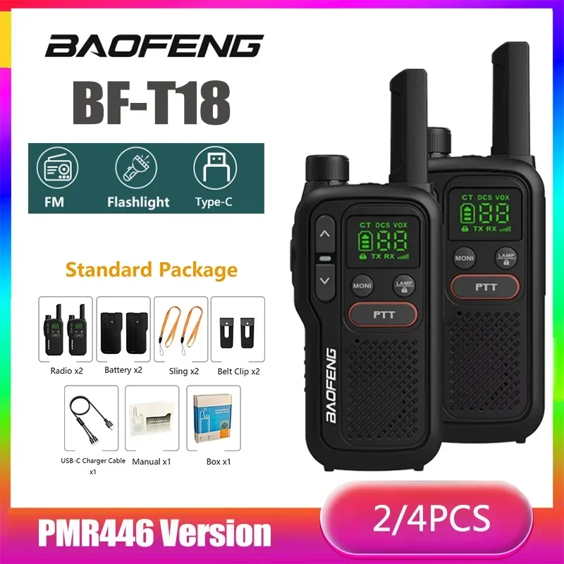 Baofeng T18 Mini Walkie Talkie BF-T18 PMR446MHz Long Range Rechargable Portable Kids Two Way Radio Type-C Charge FM 16CH 2/4pcs
Baofeng T18 Mini Walkie Talkie BF-T18 PMR446MHz Long Range Rechargable Portable Kids Two Way Radio Type-C Charge FM 16CH 2/4pcs