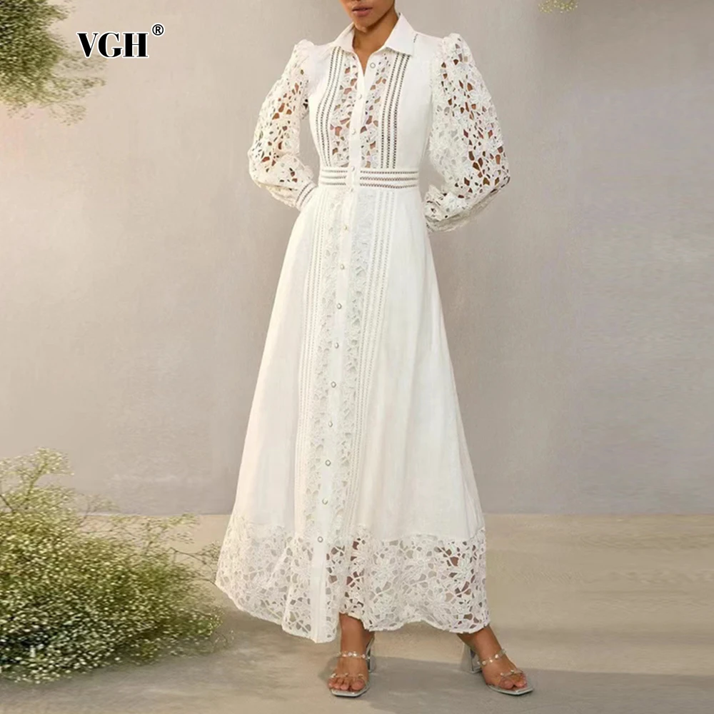 VGH Hollow Out Temperament Dresses For Women Lapel Lentern Sleeve High Waist Patchwork Single Breasted Embroidery Dress Female
VGH Hollow Out Temperament Dresses For Women Lapel Lentern Sleeve High Waist Patchwork Single Breasted Embroidery Dress Female