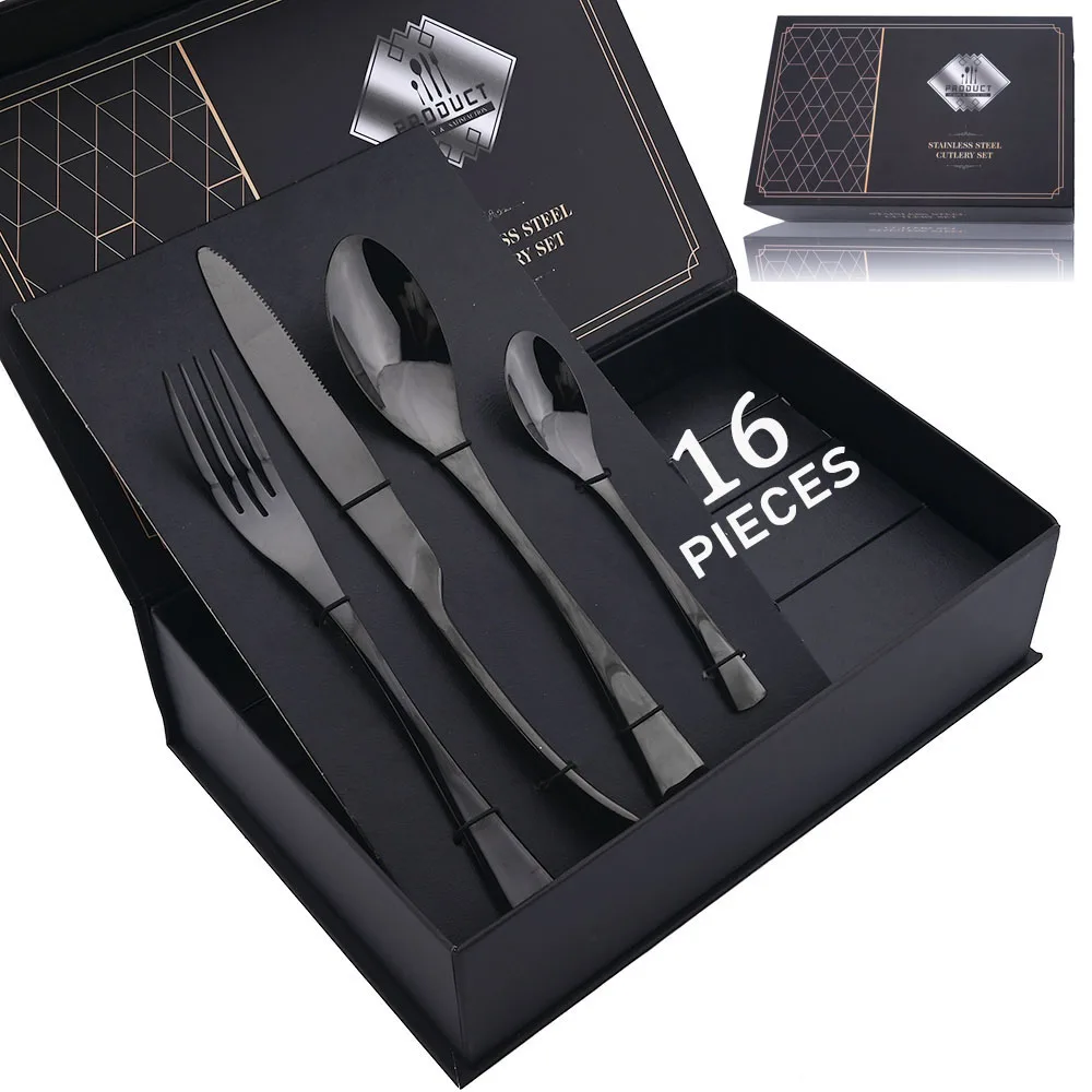 16Pcs Black Tableware Set 304 Stainless Steel Cutlery Dinner Knife Fork Spoon Dinnerware Flatware Kitchen Silverware Gift Box
16Pcs Black Tableware Set 304 Stainless Steel Cutlery Dinner Knife Fork Spoon Dinnerware Flatware Kitchen Silverware Gift Box
