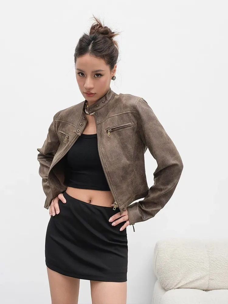 Retro Biker ort Jaet Women's Brown PU Leather Coat Stand Collar Slim Fit Top Street Sle Faion Autumn Winter Outerwear
Retro Biker ort Jaet Women's Brown PU Leather Coat Stand Collar Slim Fit Top Street Sle Faion Autumn Winter Outerwear