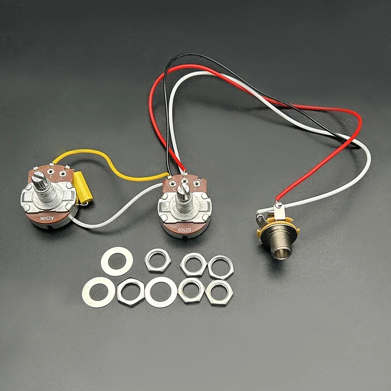 Electric Guitar Wiring Harness Kit, 2x A250k Pots with 1 Volume 1 Tone Control Knobs, 1x 1/4" Output Jack, Pre-Wired
Electric Guitar Wiring Harness Kit, 2x A250k Pots with 1 Volume 1 Tone Control Knobs, 1x 1/4" Output Jack, Pre-Wired