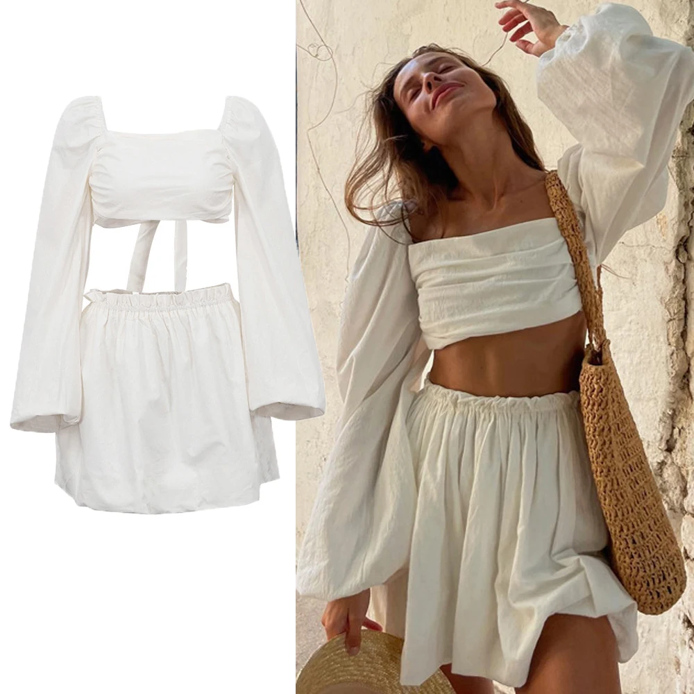 DriftWear Women's 2pcs Set Tie-Front Bustier Crop Top & High Waist Pleated Skirt Square Neck Puff Sleeve Outfit for Summer beach
DriftWear Women's 2pcs Set Tie-Front Bustier Crop Top & High Waist Pleated Skirt Square Neck Puff Sleeve Outfit for Summer beach