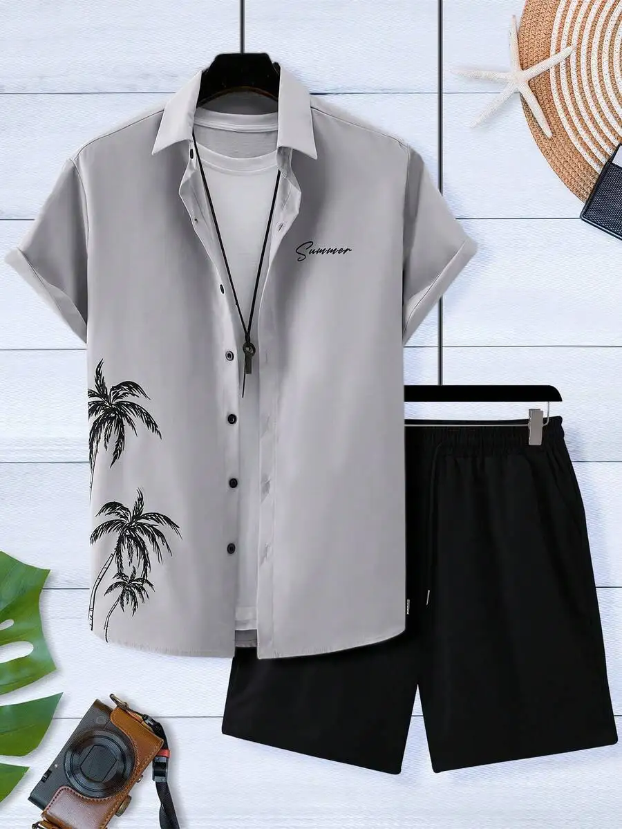 Mens Printed Button-Front Short Sleeve Shirt And Solid Drawstring Shorts Two-Piece Casual Set
Mens Printed Button-Front Short Sleeve Shirt And Solid Drawstring Shorts Two-Piece Casual Set