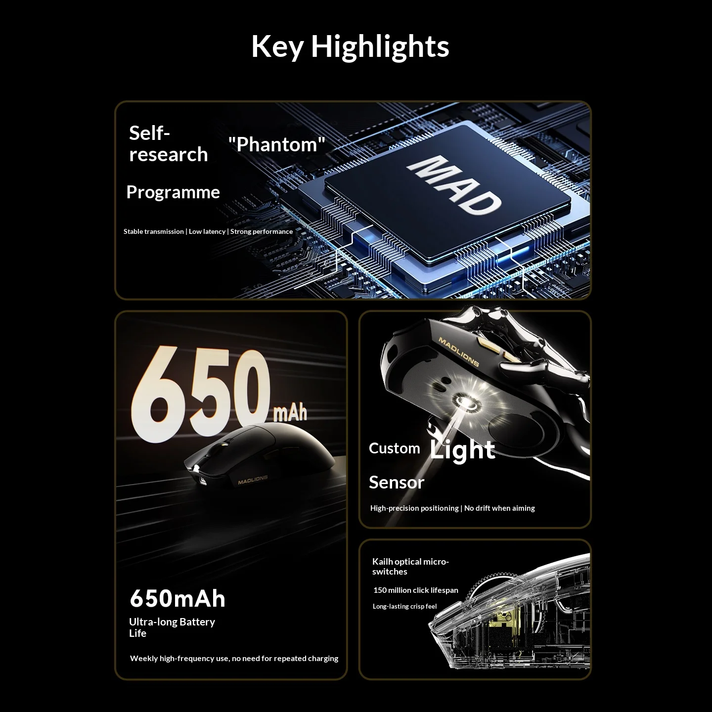 Беспроводная игровая мышь FGG Madlions M3, 650 мАч, Bluetooth, 2.4G, с долговечной батареей, оптическими переключателями Kailh, датчиком света, 30000 DPI, 1 кГц
Беспроводная игровая мышь FGG Madlions M3, 650 мАч, Bluetooth, 2.4G, с долговечной батареей, оптическими переключателями Kailh, датчиком света, 30000 DPI, 1 кГц